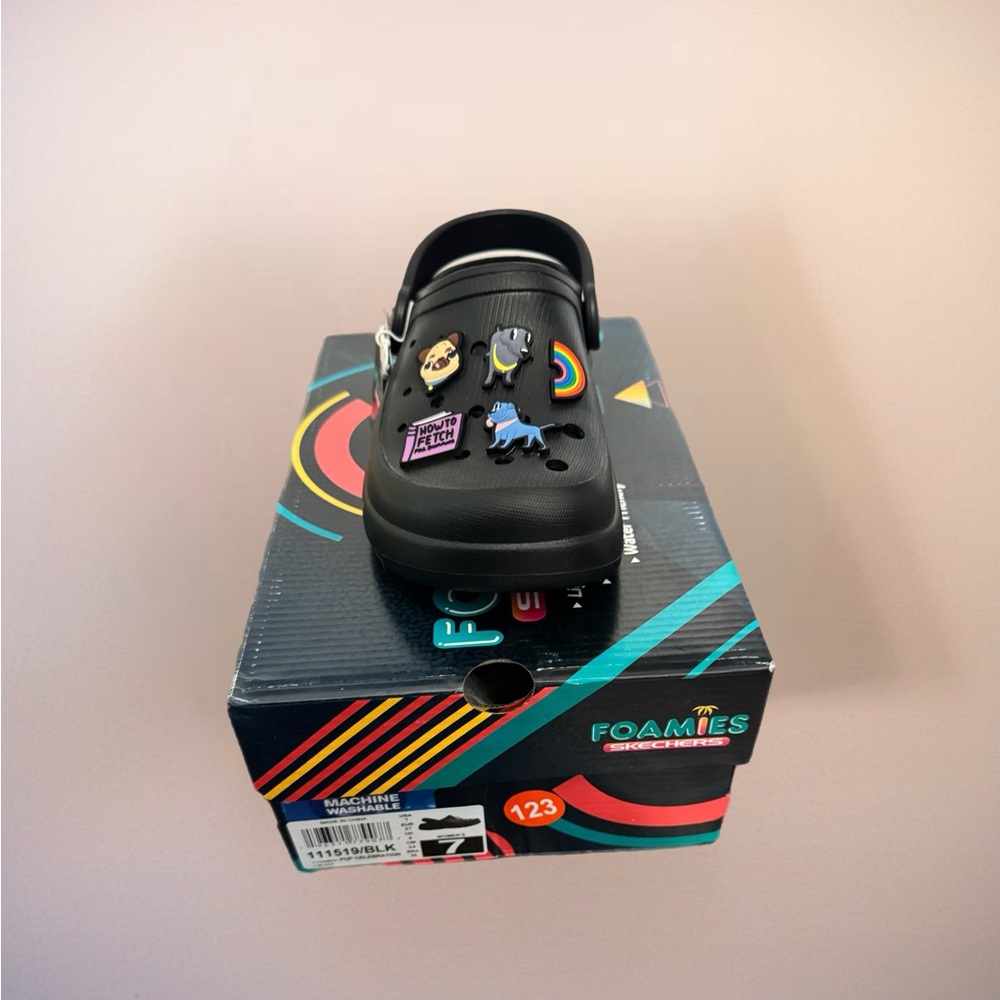 Black Foamies Sketchers Crocs with Charms